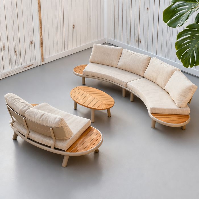 All-Weather Aluminium-Frame Curved Patio Sofa with Integrated Teak Side Table
