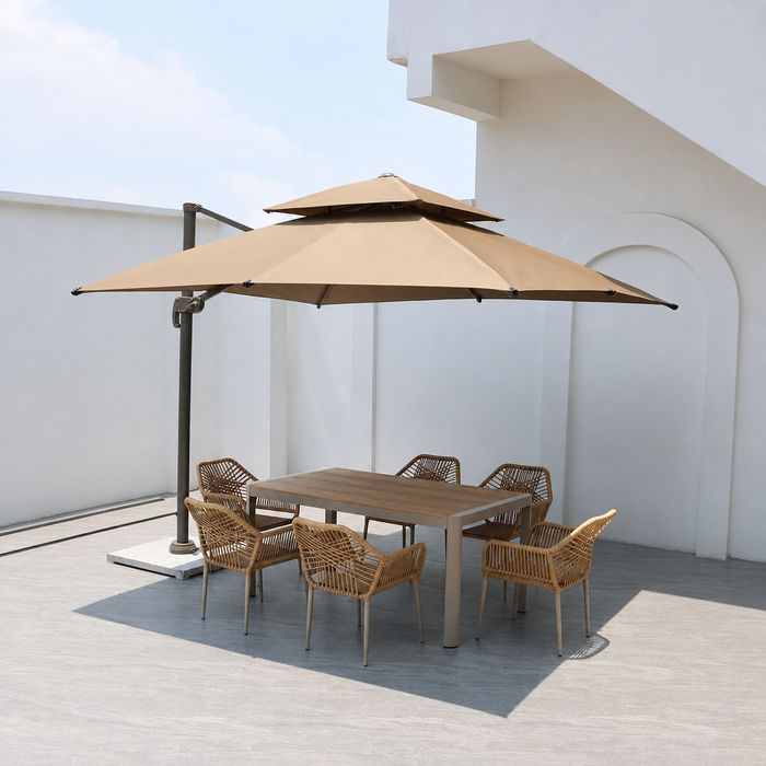 Waterproof Slatted Wood-Top Patio Table with 6 Rope-Woven Dining Chairs