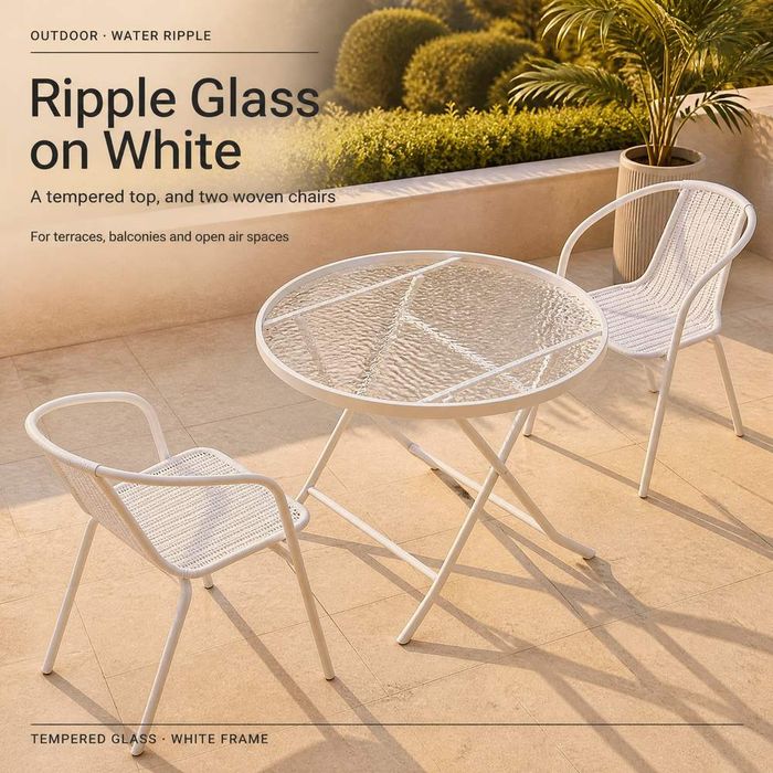 Outdoor White Water-Ripple Tempered Glass Table with Aluminium-Frame Chair Set