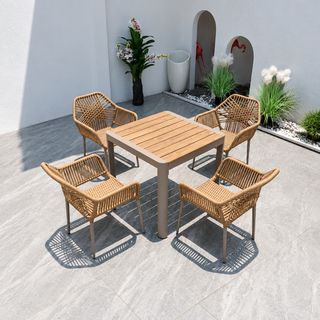 Waterproof Slatted Wood-Top Patio Table with 6 Rope-Woven Dining Chairs &mdash; photo 3