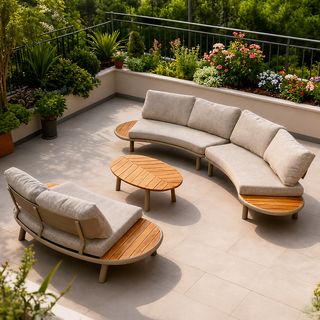All-Weather Aluminium-Frame Curved Patio Sofa with Integrated Teak Side Table &mdash; photo 2