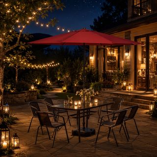 Outdoor Dining Table with 6 Chairs and Red Umbrella (8-Piece Set) &mdash; photo 2