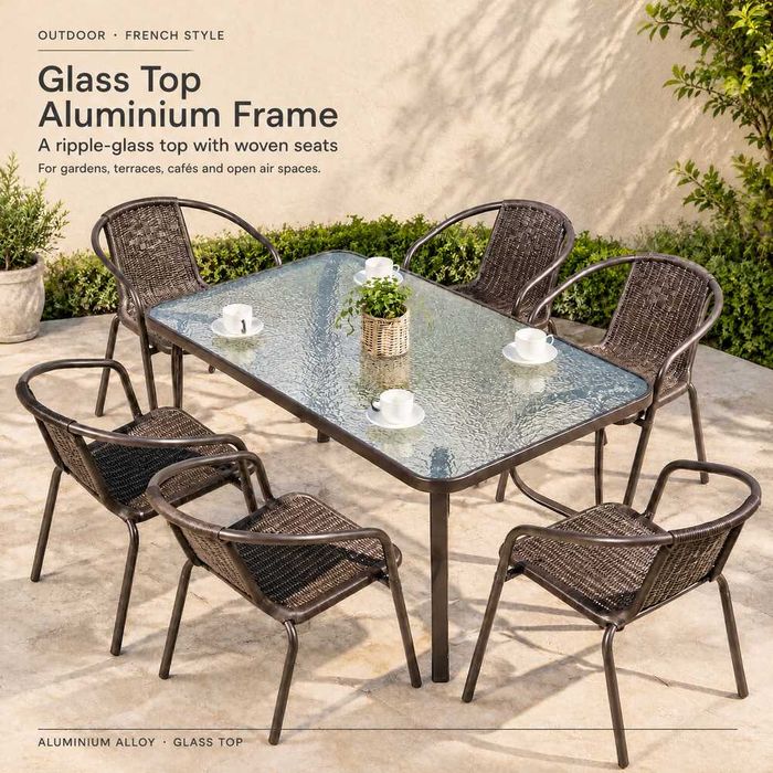 Outdoor Aluminium-Framed Glass-Top Table with Fully Aluminium Chair Set