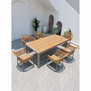 Waterproof Slatted Wood-Top Patio Table with 6 Rope-Woven Dining Chairs &mdash; photo 2