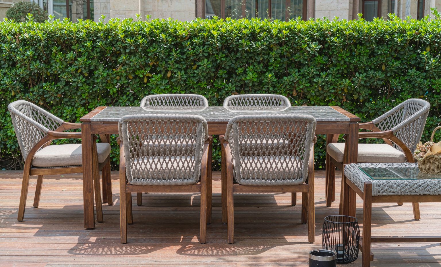 Outdoor dining set on a wooden deck