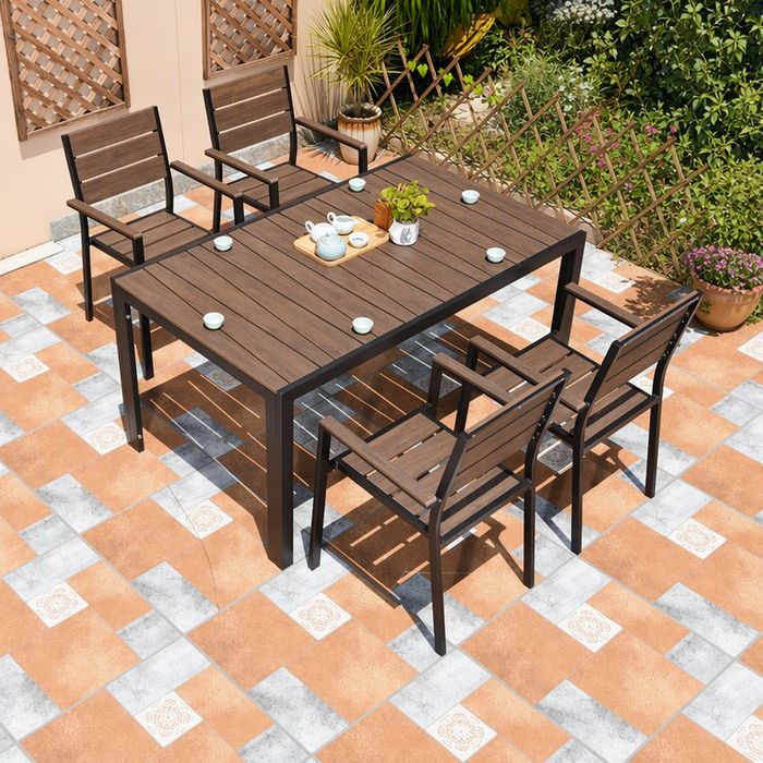 Outdoor Dining Set with 150 cm Rectangular Table and 4 Stackable Armchairs (5-Piece)
