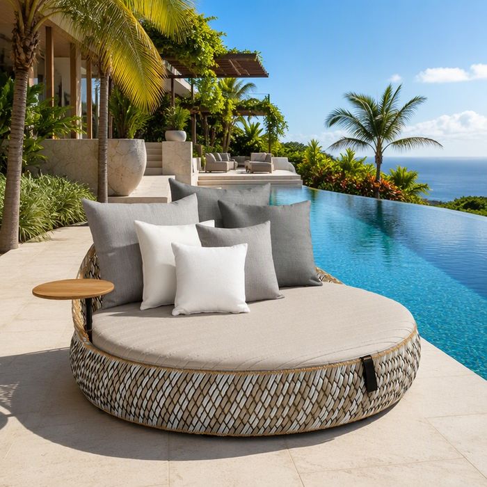 Round Outdoor Daybed with Attached Side Table