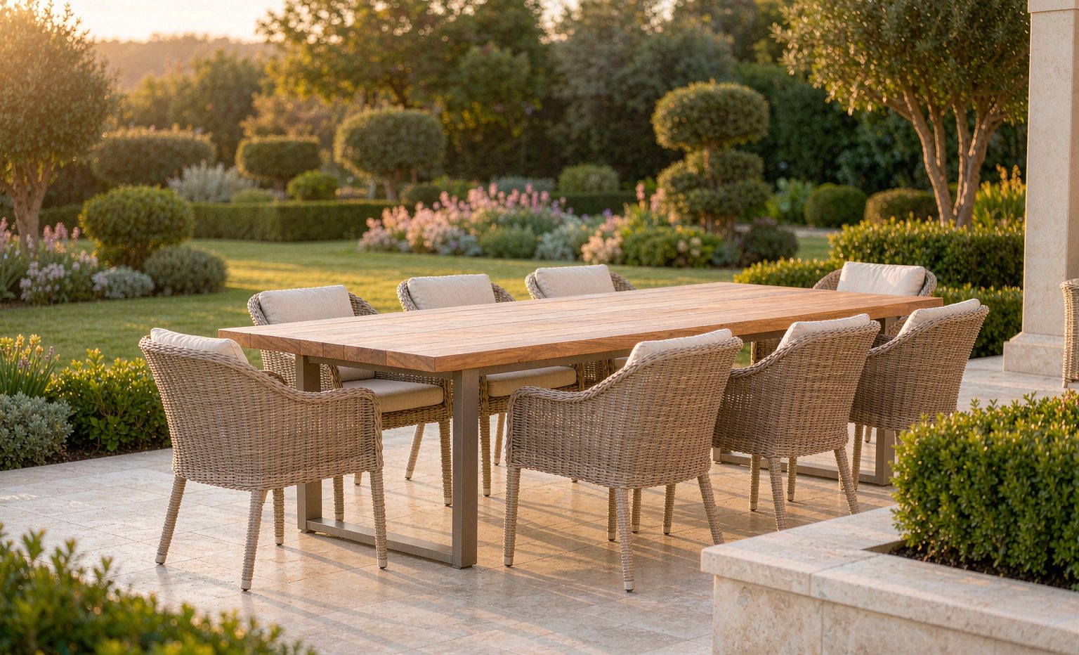 Teak and aluminium outdoor dining set laid for service on a hotel terrace