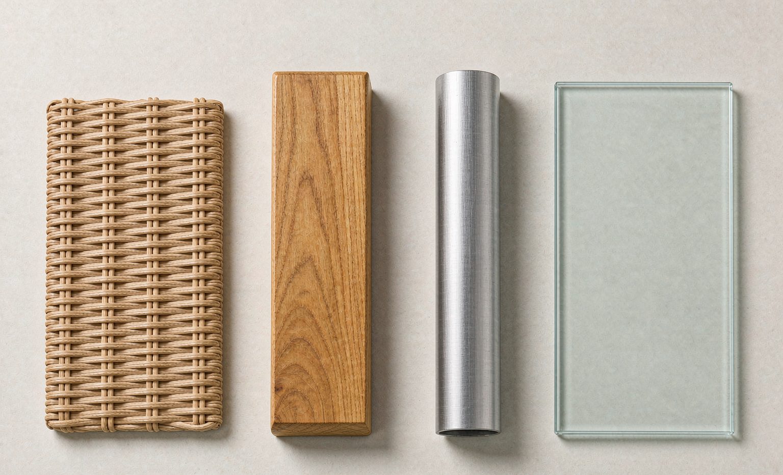 PE rattan, teak, aluminium and tempered glass material samples